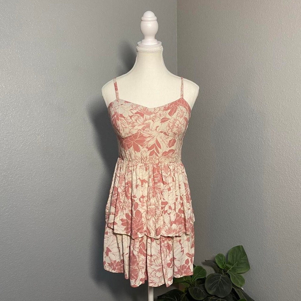 PINK FLORAL TIERED MINI SUNDRESS RUCHED BUST COQUETTE BOHO SPRING SUMMER PREPPY